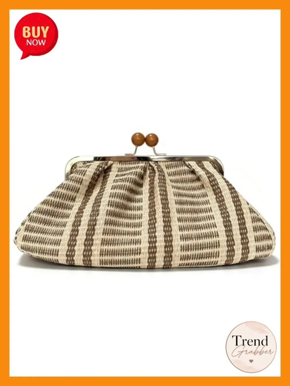 Handwoven Straw Clutch Purse with Kiss Lock Closure, Dumpling Shape Beach Bag